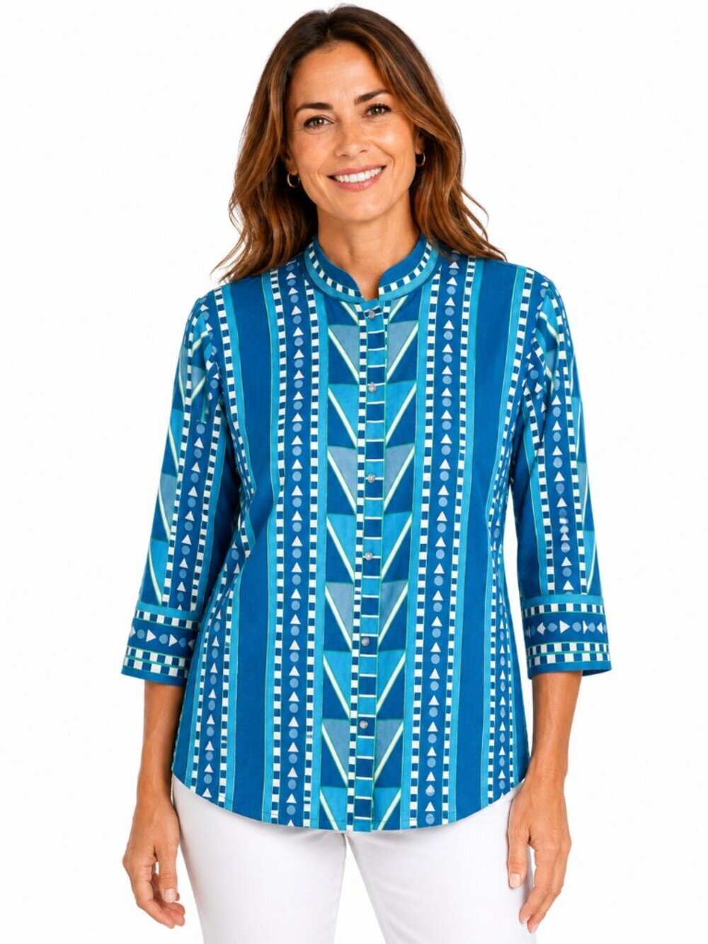 Bob Mackie Wearable Art Blue Geometric Print Blouse